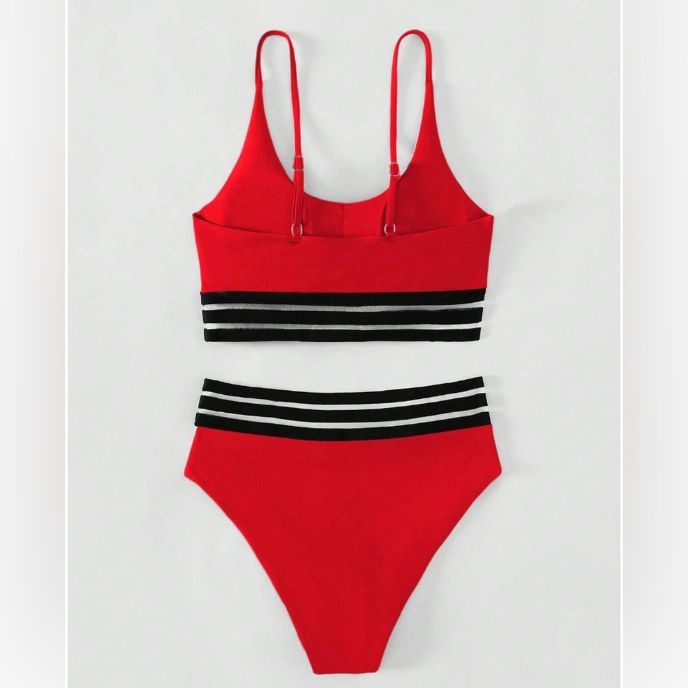 Red Contrast Mesh High Waisted Bikini Swimsuit - Picture 6 of 8